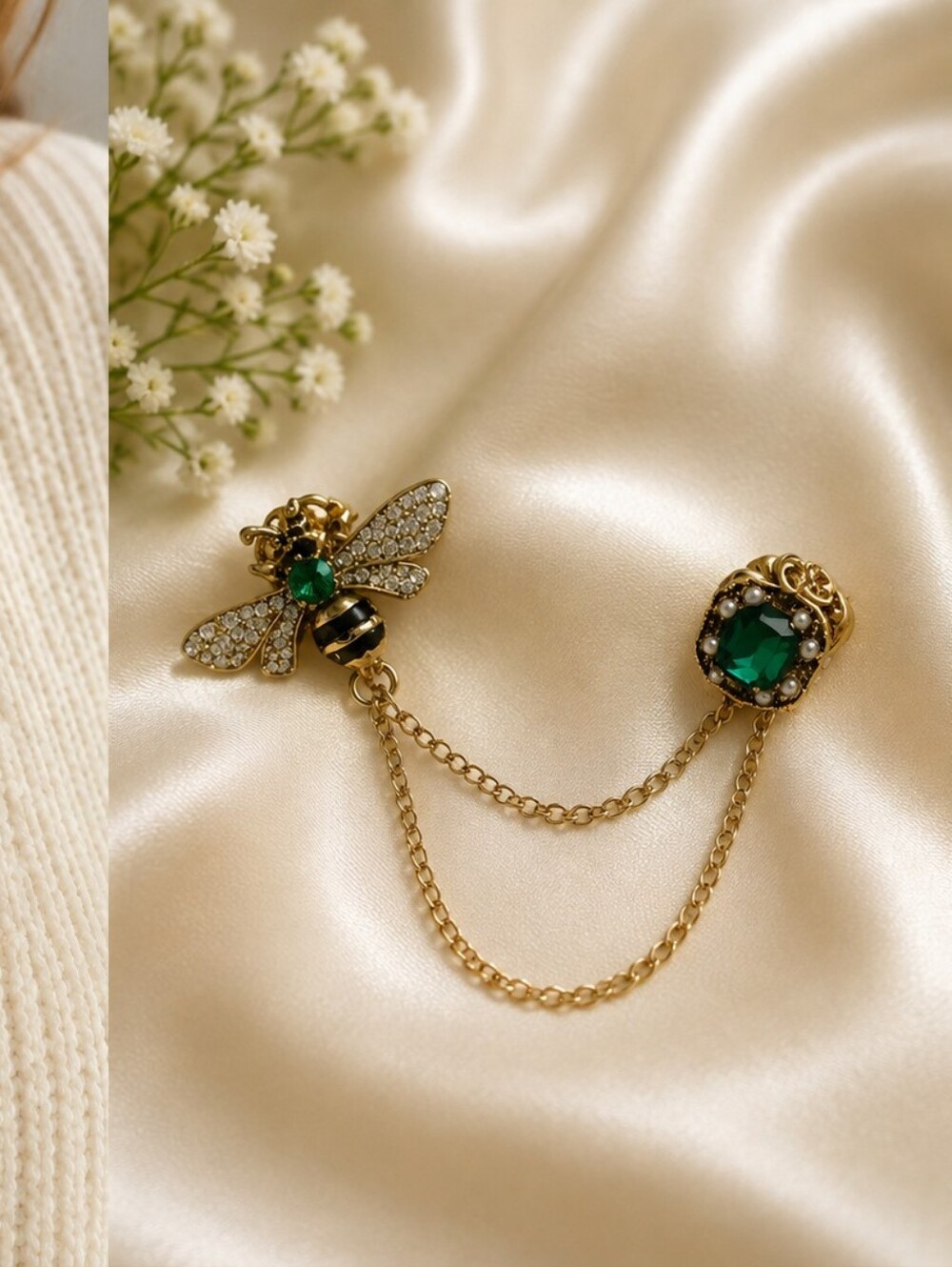 Gold-Tone Bee Chain Brooch Sweater Keeper with Emerald Green Crystal Accents